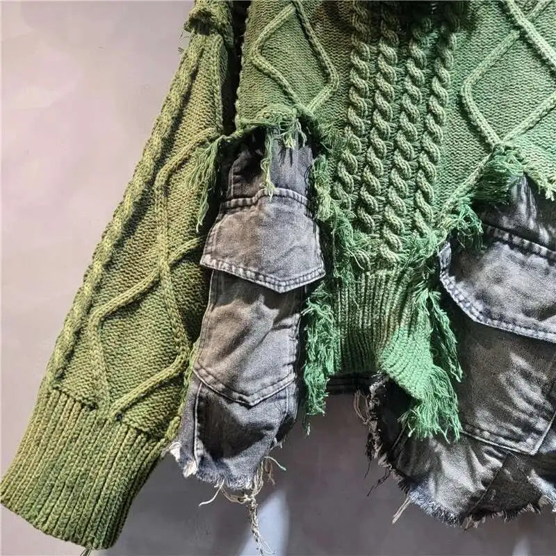 DEAT Women Pullover Long Sleeve Irregular Do Old Patchwork Pockets Vintage Washed Denim Sweater 2026 Summer New Fashion 29L8195