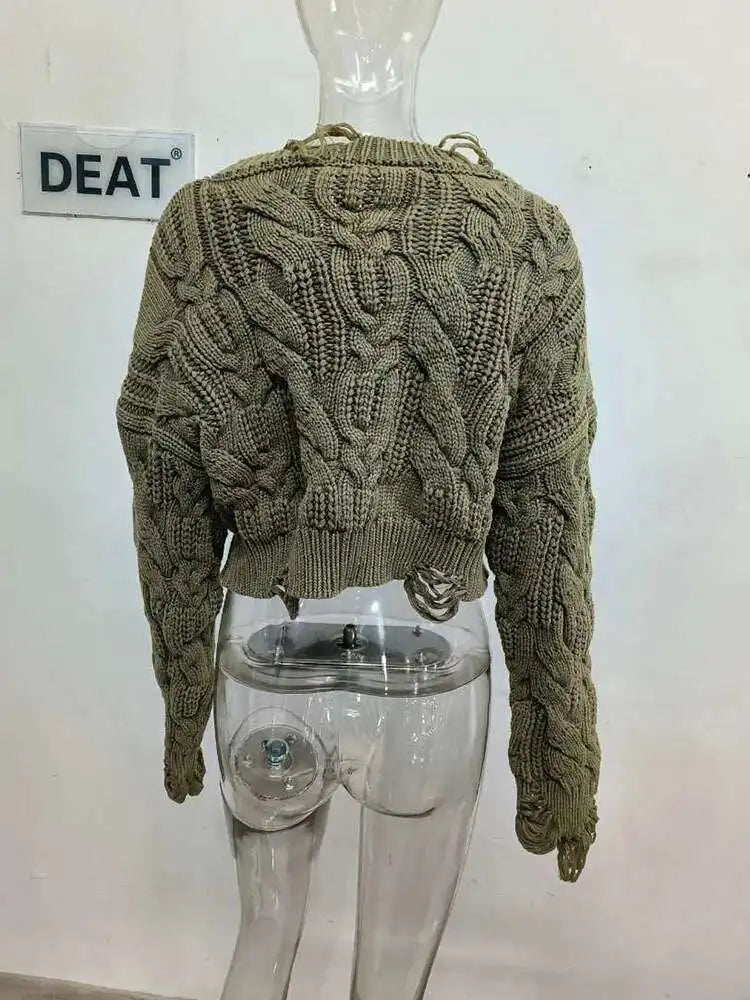 DEAT 2025 Spring Women's Knit Sweater Hollow Out Wash Hole Loose High Street Round Neck Long Sleeve Pattern Pullover 11XX6062