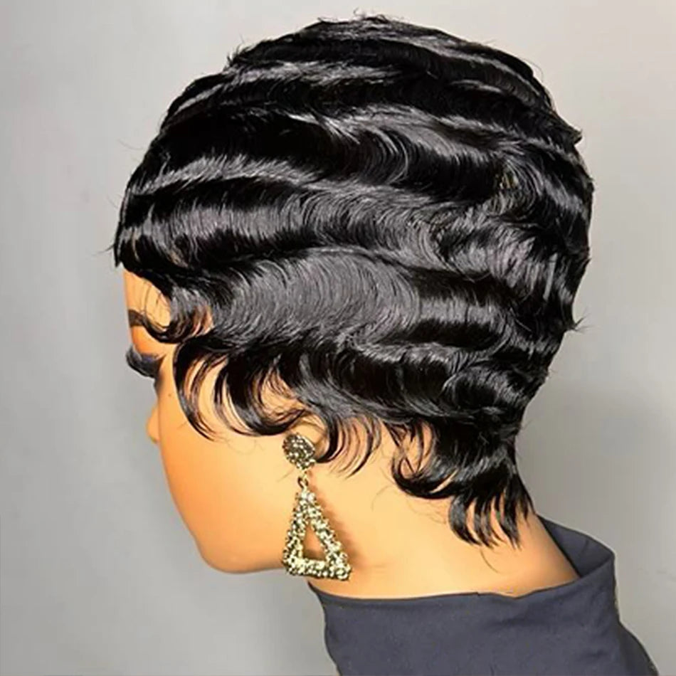 Short Finger Wave Wig for Women Black Pixie Cut Wigs Glueless 100% Human Hair Mommy Wigs Pixie Short Layered Ocean Waves Wig