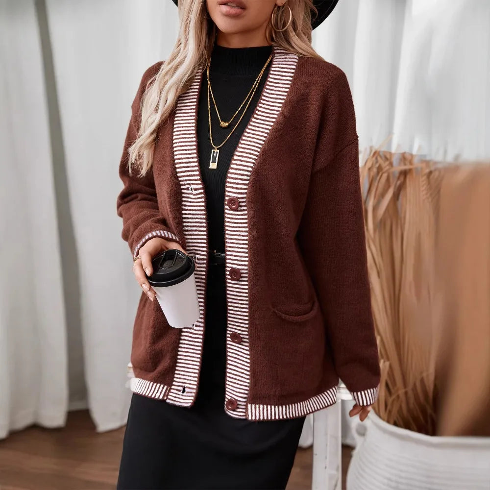 Single Breasted Knitted Jumpers Women Spliced Sweater V Neck Cardigan Casual Loose Fit Print Sweaters Slight Strech Buttons