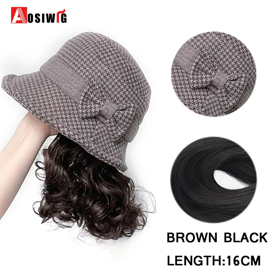 Hat Wig Synthetic Short Curly Wavy Hair Wigs With Hat Fisherman's Cap Wig Hair Extension Black Brown Wig Cap