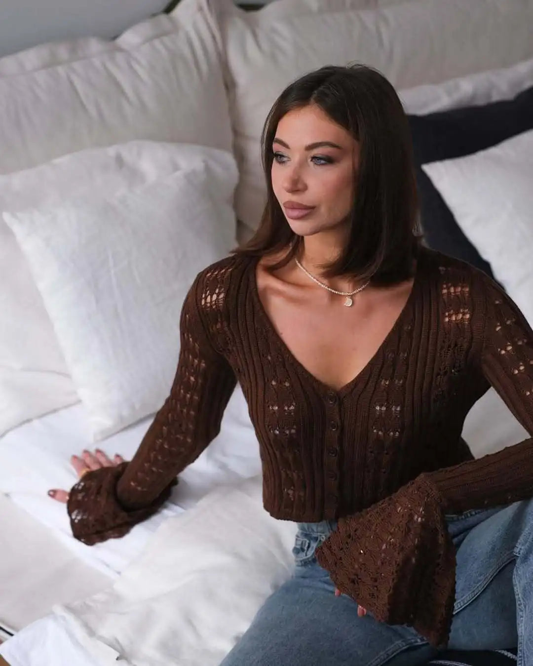 Tossy Knitwear Hollow Out Sweater Cardigan Women V-Neck Long Sleeve See-Through Cropped Top Summer Knit Patchwork Cardigan Top