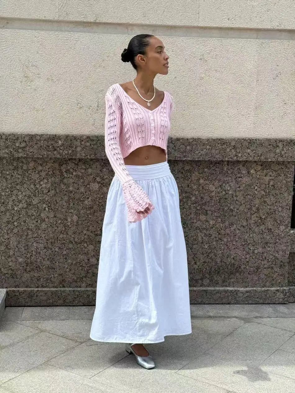 Tossy Knitwear Hollow Out Sweater Cardigan Women V-Neck Long Sleeve See-Through Cropped Top Summer Knit Patchwork Cardigan Top