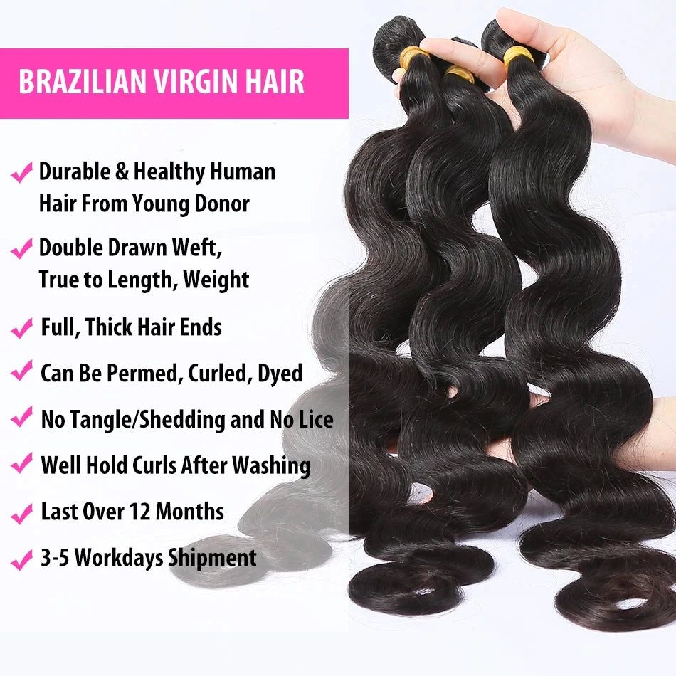 Body Wave 100% Unprocessed Human Hair 3 Bundles Brazilian Remy Virgin Natural Water Weave Bundle Extensions Tissage For Women