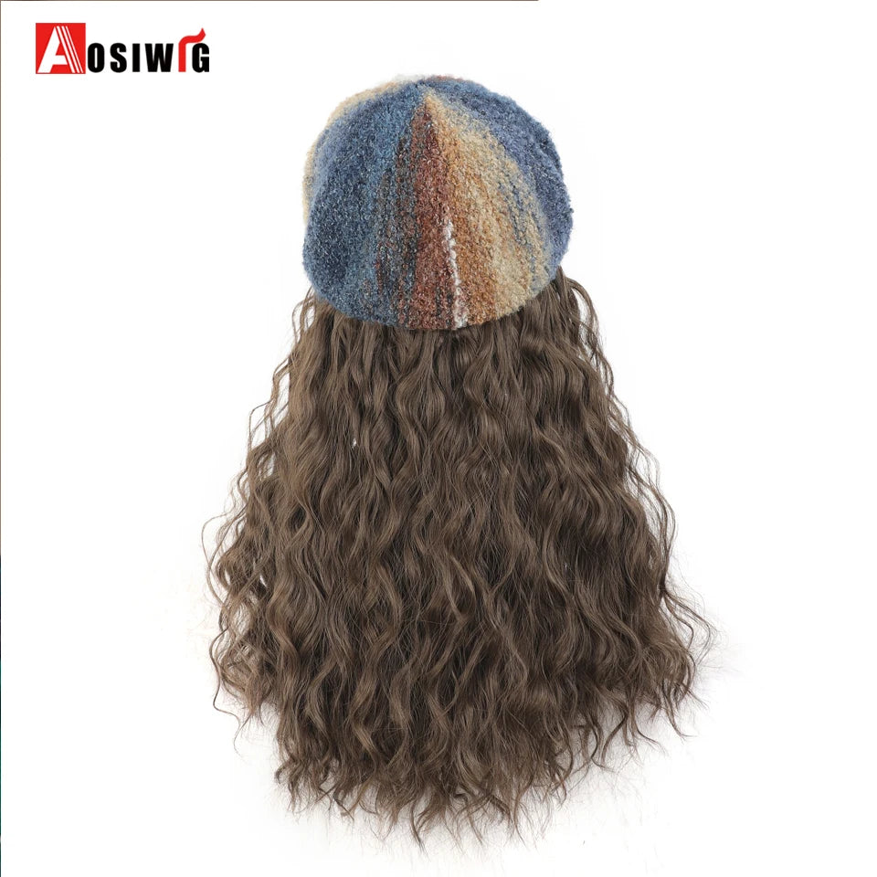 Hat Wig Synthetic Short Curly Wavy Hair Wigs With Hat Fisherman's Cap Wig Hair Extension Black Brown Wig Cap