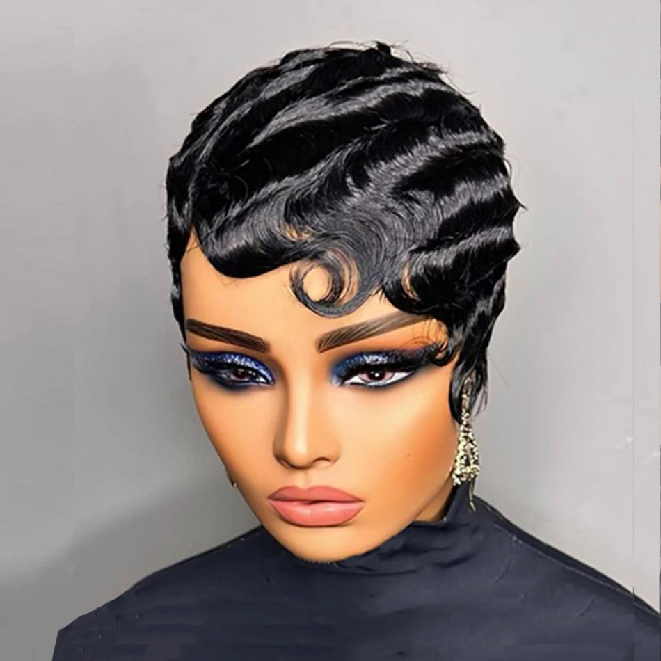 Short Finger Wave Wig for Women Black Pixie Cut Wigs Glueless 100% Human Hair Mommy Wigs Pixie Short Layered Ocean Waves Wig