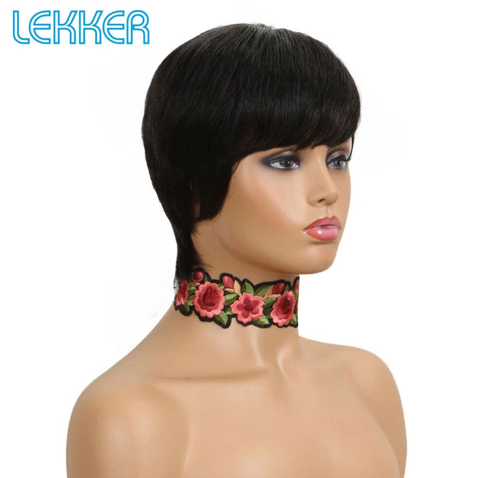 Lekker Clearance Short Pixie Cut Straight Bob 100% Human Hair Wig With Bangs For Women Brazilian Remy Hair Nature Daily Wigs