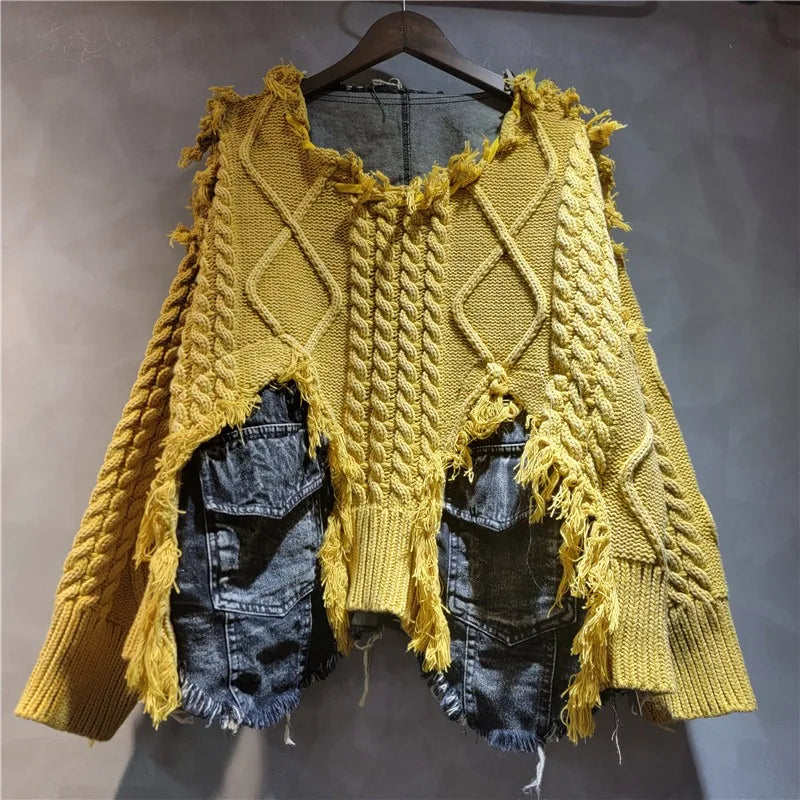 DEAT Women Pullover Long Sleeve Irregular Do Old Patchwork Pockets Vintage Washed Denim Sweater 2026 Summer New Fashion 29L8195