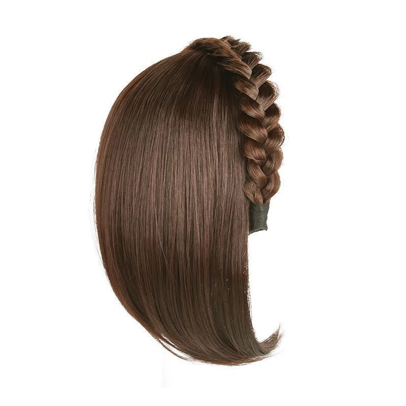 Short Headband Wig with Fish Bone Patch - Glueless Integrated Human Hair, Brown/Black