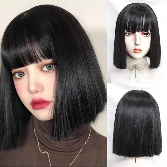 MSIWIGS Bob Hair Black Short Wigs for Women Straight Synthetic Hair Wig with Bangs Heat Resistant Fiber