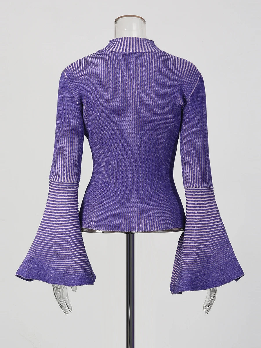 TWOTWINSTYLE Hit Color Spliced Striped Fashion Sweaters for Women Stand Neck Long Sleeves Patchwork Ruffles Sweater Female New