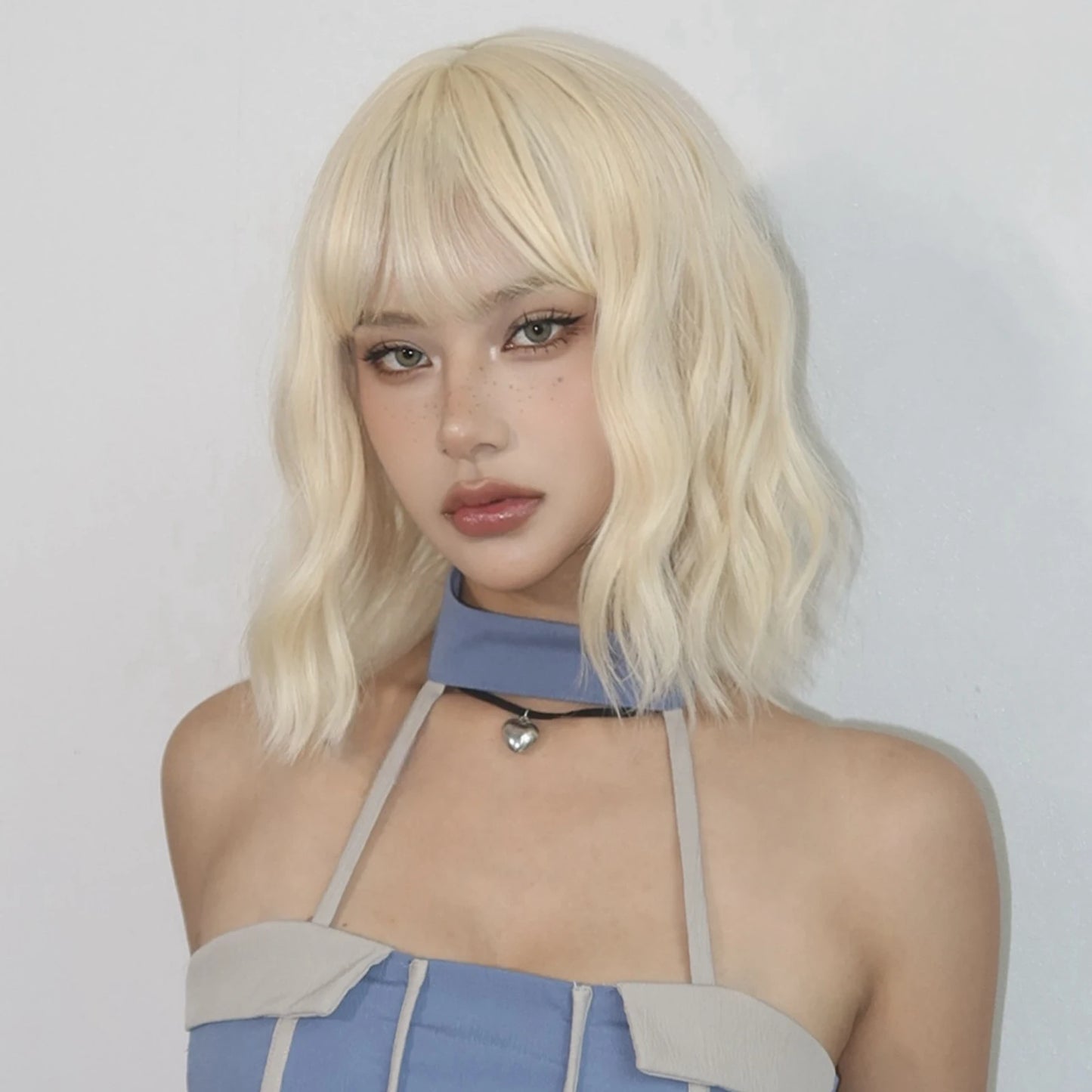 Platinum Blonde Short Curly Bob Glueless Synthetic Wig with Bangs - Lolita/Cosplay Ready