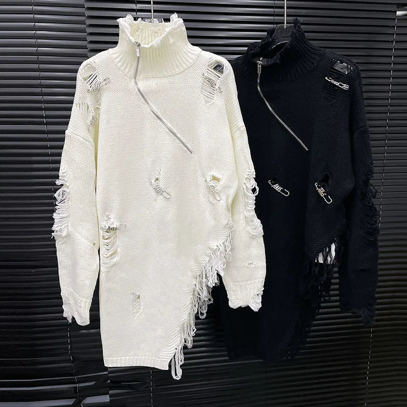 DEAT 2025 Early Autumn New Half High Neck Pin Hole Sweater For Women Fashion Irregular Niche Design Long Knit Pullover 11A06148