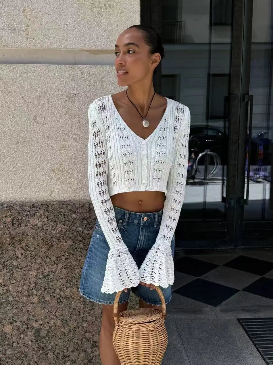 Tossy Knitwear Hollow Out Sweater Cardigan Women V-Neck Long Sleeve See-Through Cropped Top Summer Knit Patchwork Cardigan Top