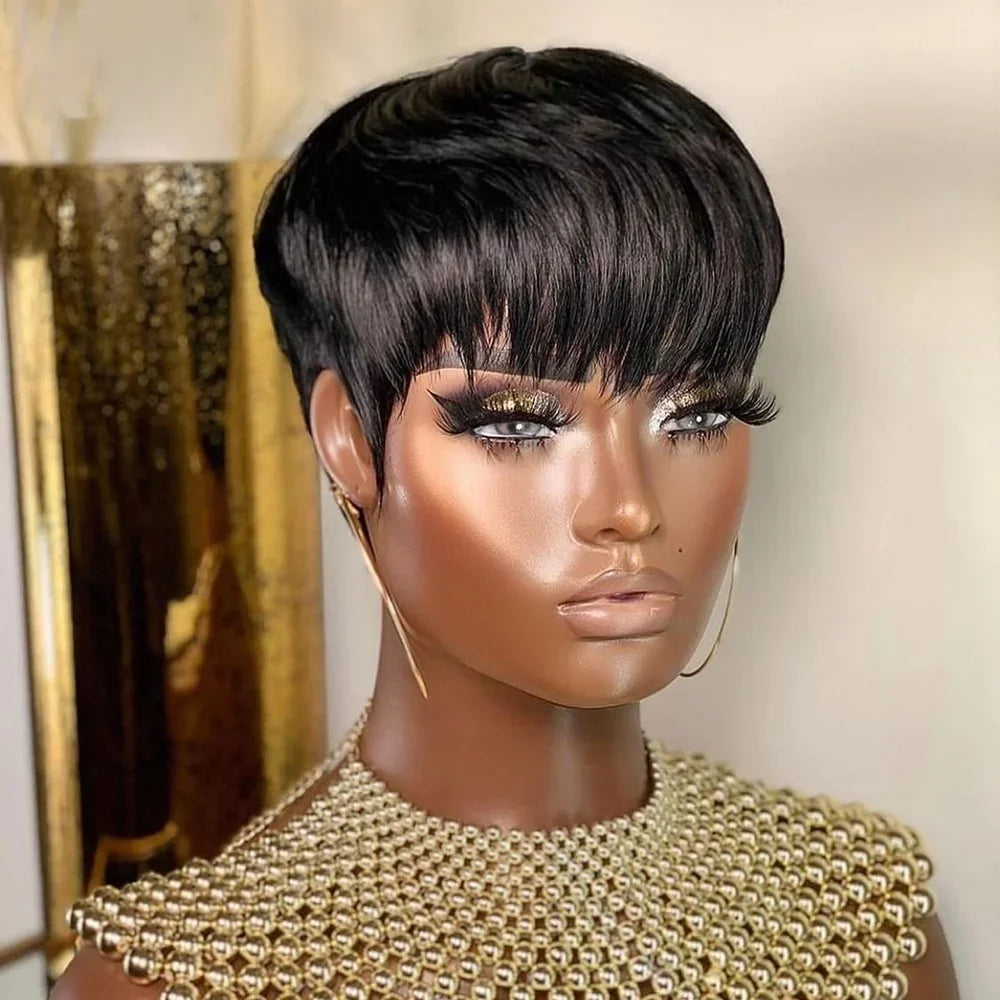 Short Straight Bob Wig Pixie Cut Wig Human Hair For Black Women With Bangs Brazilian Virgin Hair Full Machine  Cheap Wig Black