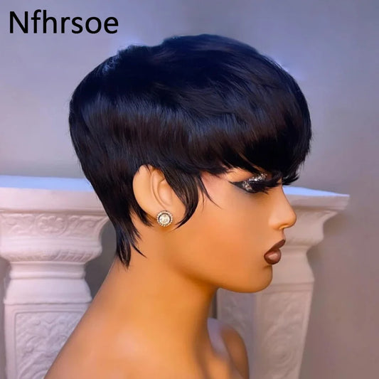 Short Bob Wig Straight Pixie Cut Bob Wigs Human Hair For Women With Bangs Brazilian Virgin Human Hair Wigs Non Lace Front Wig
