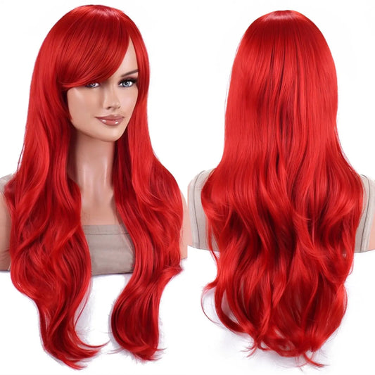 Red Long Curly Glueless Lace Front Wig - Synthetic Heat Resistant Mermaid Waves