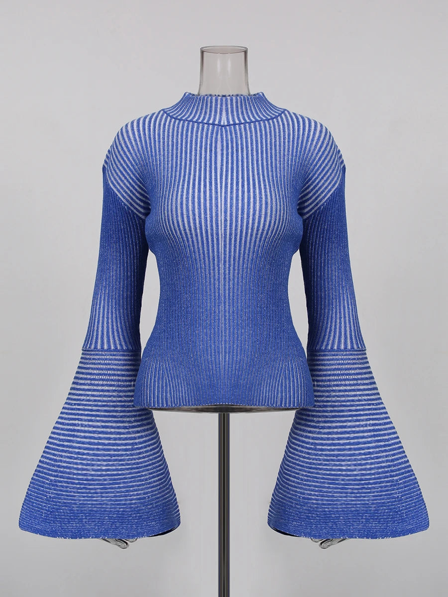 TWOTWINSTYLE Hit Color Spliced Striped Fashion Sweaters for Women Stand Neck Long Sleeves Patchwork Ruffles Sweater Female New