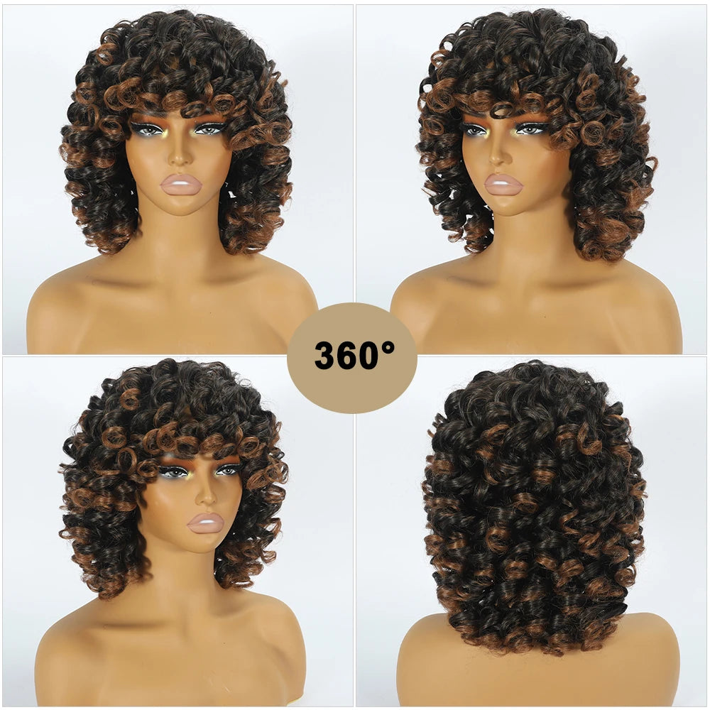 Short Loose Red Curly Wig for Black Women Curly Afro Wig with Bangs Synthetic Fiber Natural Looking Glueless Hair for Daily Wear