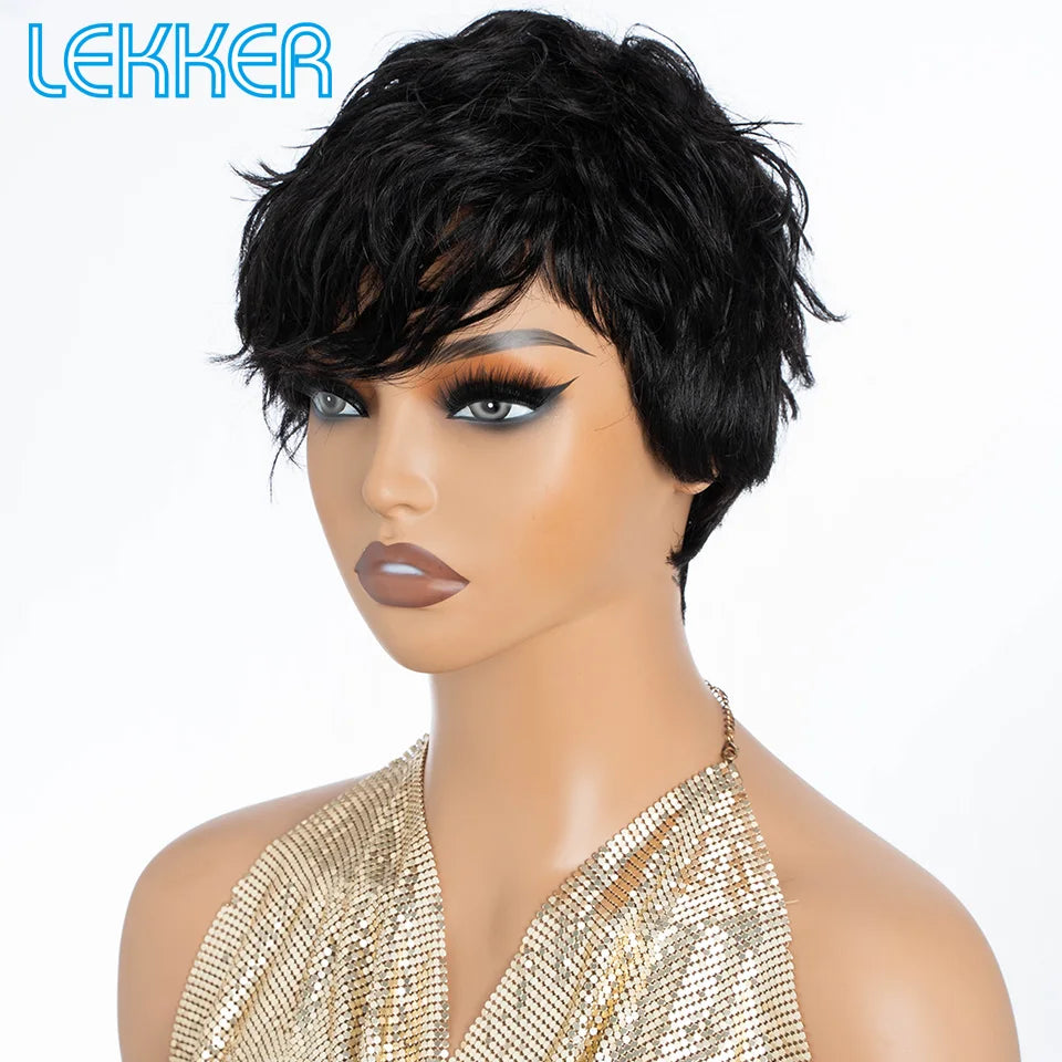 Lekker Short Pixie Cut Bob 100% Human Hair Wigs For Women Brazilian Remy Hair Natural black Full Machine Made Daily Straight Wig