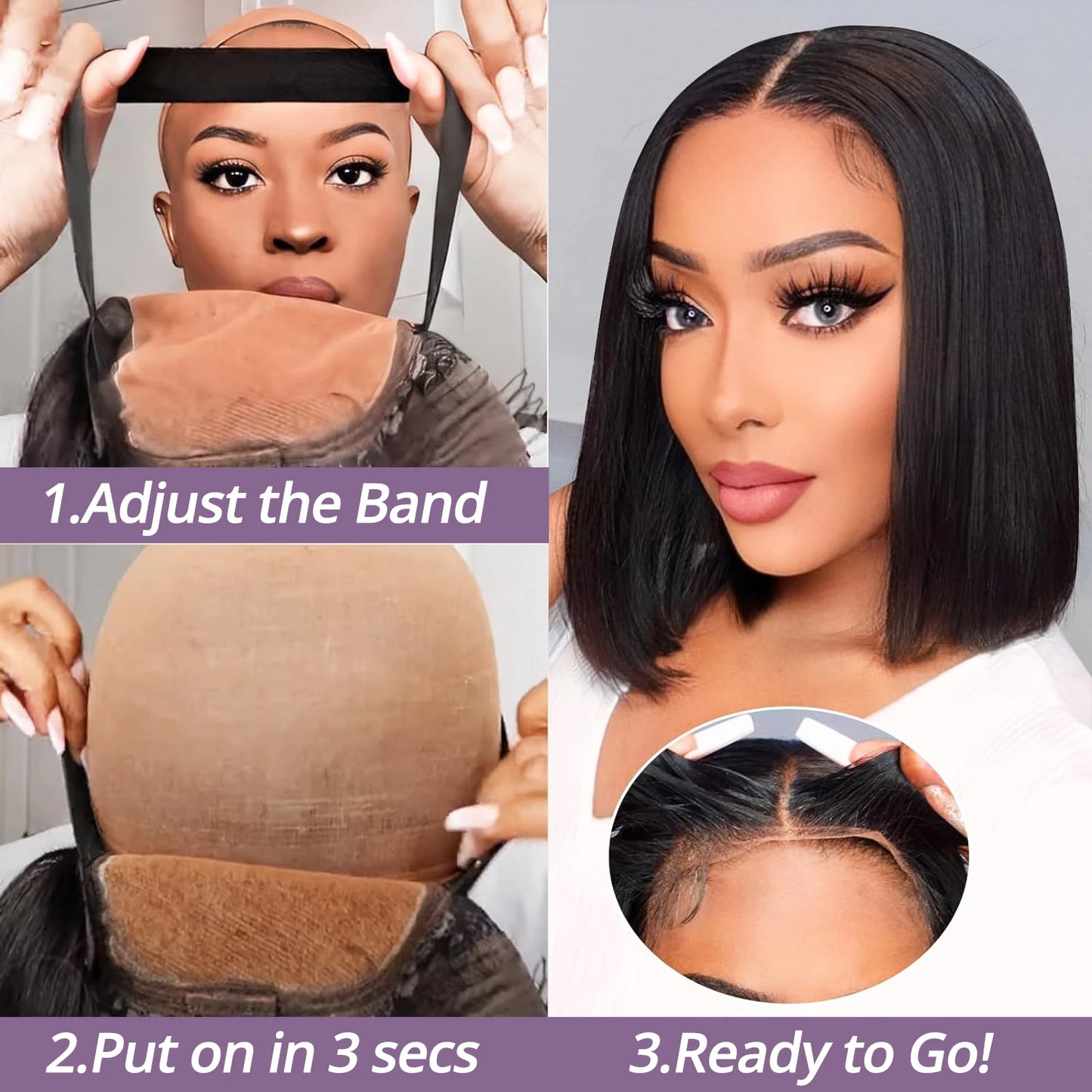 Brazilian Human Hair Bob Wigs Glueless HD Lace Front Wig No Glue Short Bone Straight Lace Frontal Wig Ready to Wear 250 Density