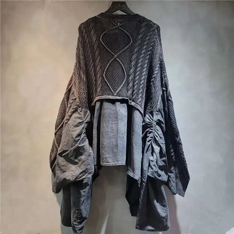 DEAT 2024 Autumn New Fashion Women's Twists Knitting Spliced Sweater Loose Bat Sleeve V-neck Long Pullovers Female 33A1448