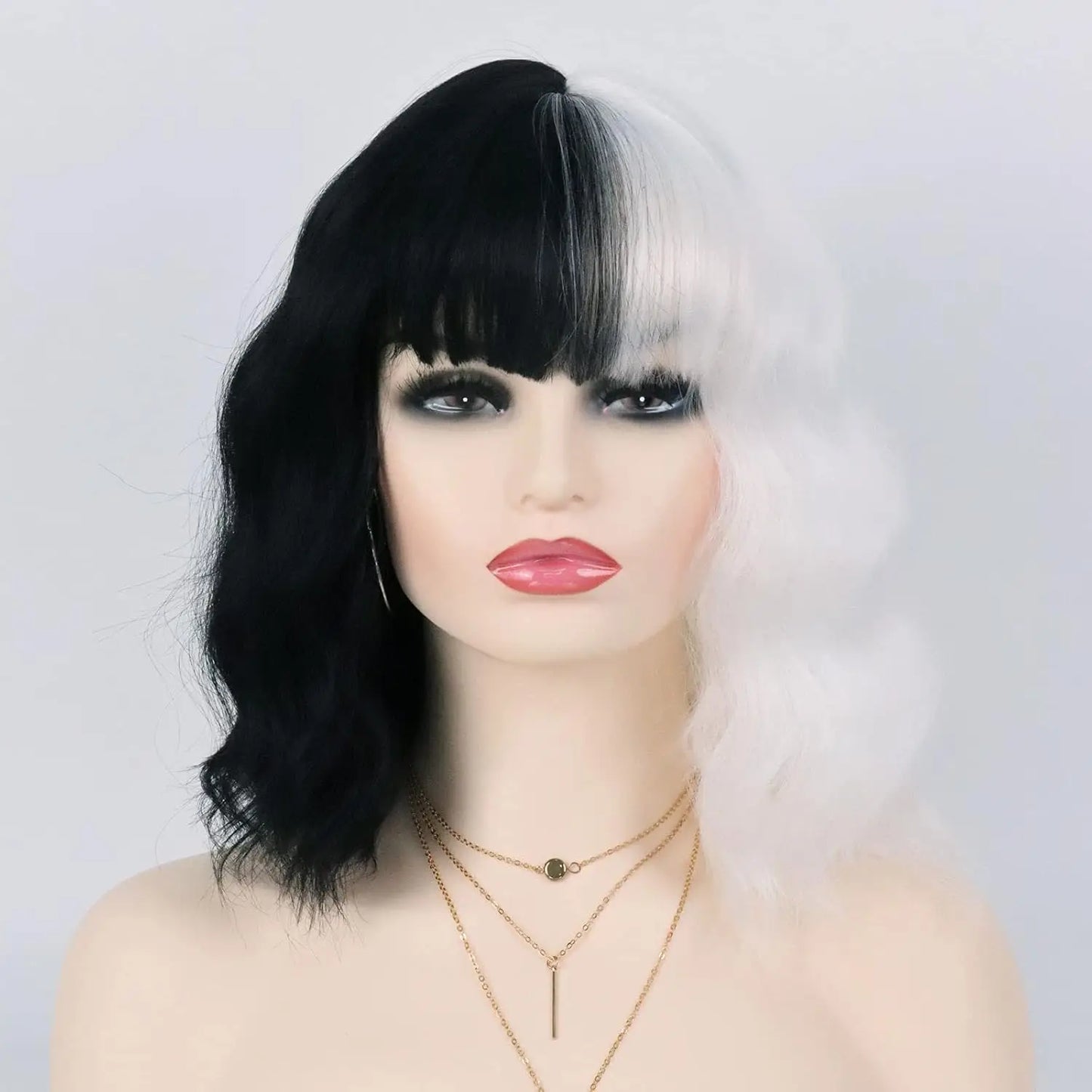 Synthetic Black and White Wigs for Women Costume Short Bob Wavy Curly Wigs Heat Resistant Wigs for Party Cosplay Halloween