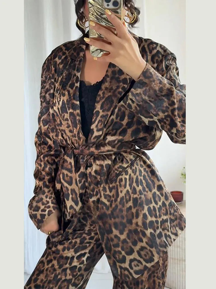 Women's Jackets Pants Animal Printed Suits 2 Piece Set Outwear Belt Lapel Collar Coats Vintage Autumn Woman Clothes