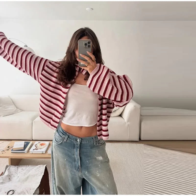 Women's Sweater Knitwear Striped Pullover Pulls Femmes Color Block Blouse O-neck Long Sleeve Loose Knit Sweater 2026 Spring Wear