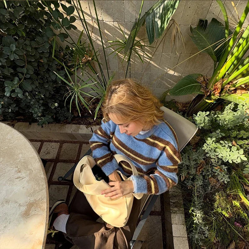 Women's Sweater Knitwear Striped Pullover Pulls Femmes Color Block Blouse O-neck Long Sleeve Loose Knit Sweater 2026 Spring Wear