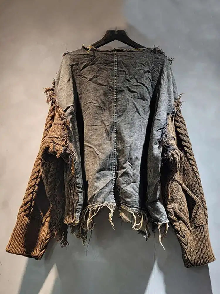 DEAT Women Pullover Long Sleeve Irregular Do Old Patchwork Pockets Vintage Washed Denim Sweater 2026 Summer New Fashion 29L8195