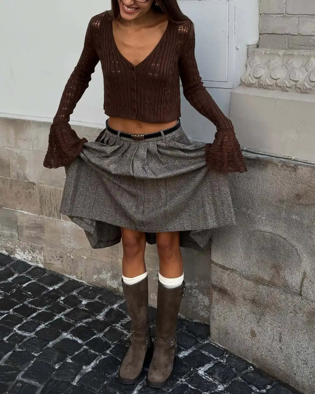 Tossy Knitwear Hollow Out Sweater Cardigan Women V-Neck Long Sleeve See-Through Cropped Top Summer Knit Patchwork Cardigan Top