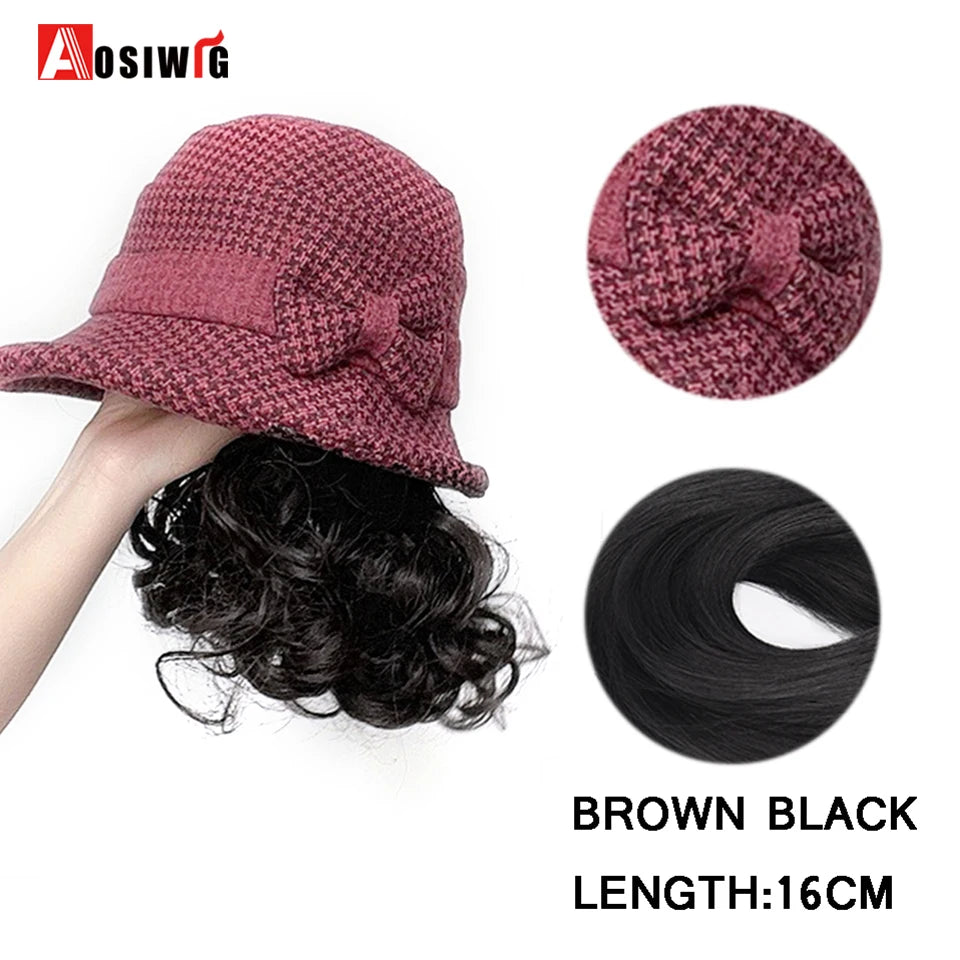 Hat Wig Synthetic Short Curly Wavy Hair Wigs With Hat Fisherman's Cap Wig Hair Extension Black Brown Wig Cap