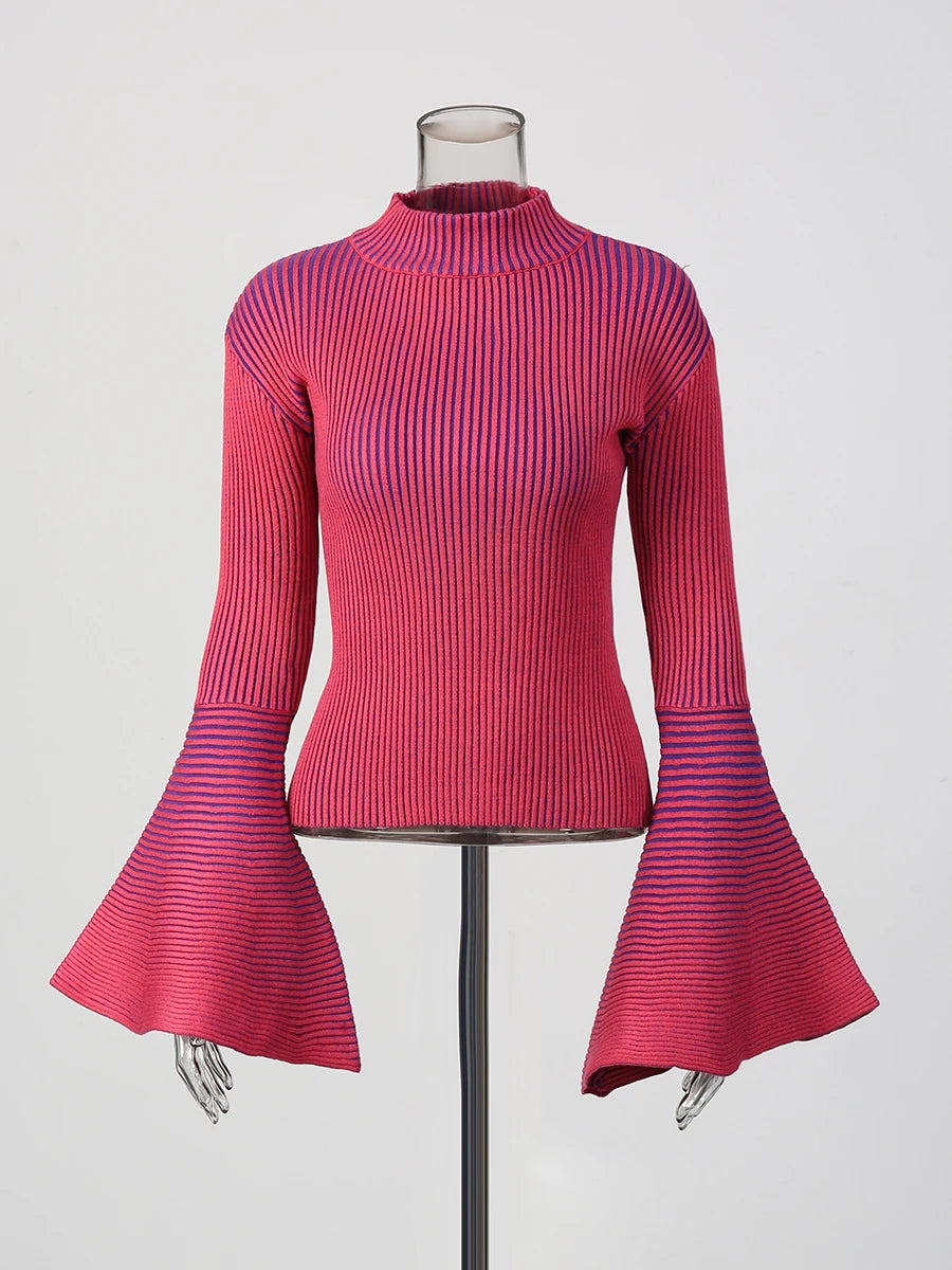 TWOTWINSTYLE Hit Color Spliced Striped Fashion Sweaters for Women Stand Neck Long Sleeves Patchwork Ruffles Sweater Female New