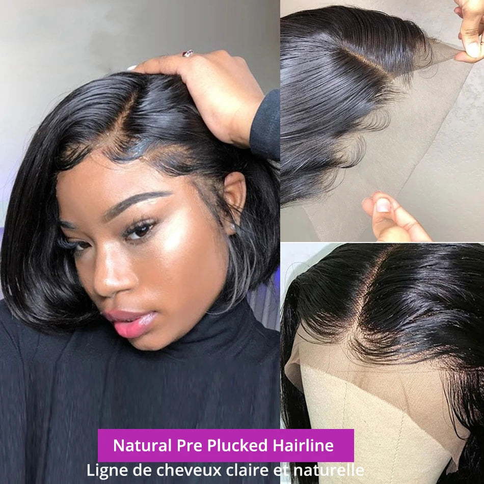 Brazilian Human Hair Bob Wigs Glueless HD Lace Front Wig No Glue Short Bone Straight Lace Frontal Wig Ready to Wear 250 Density