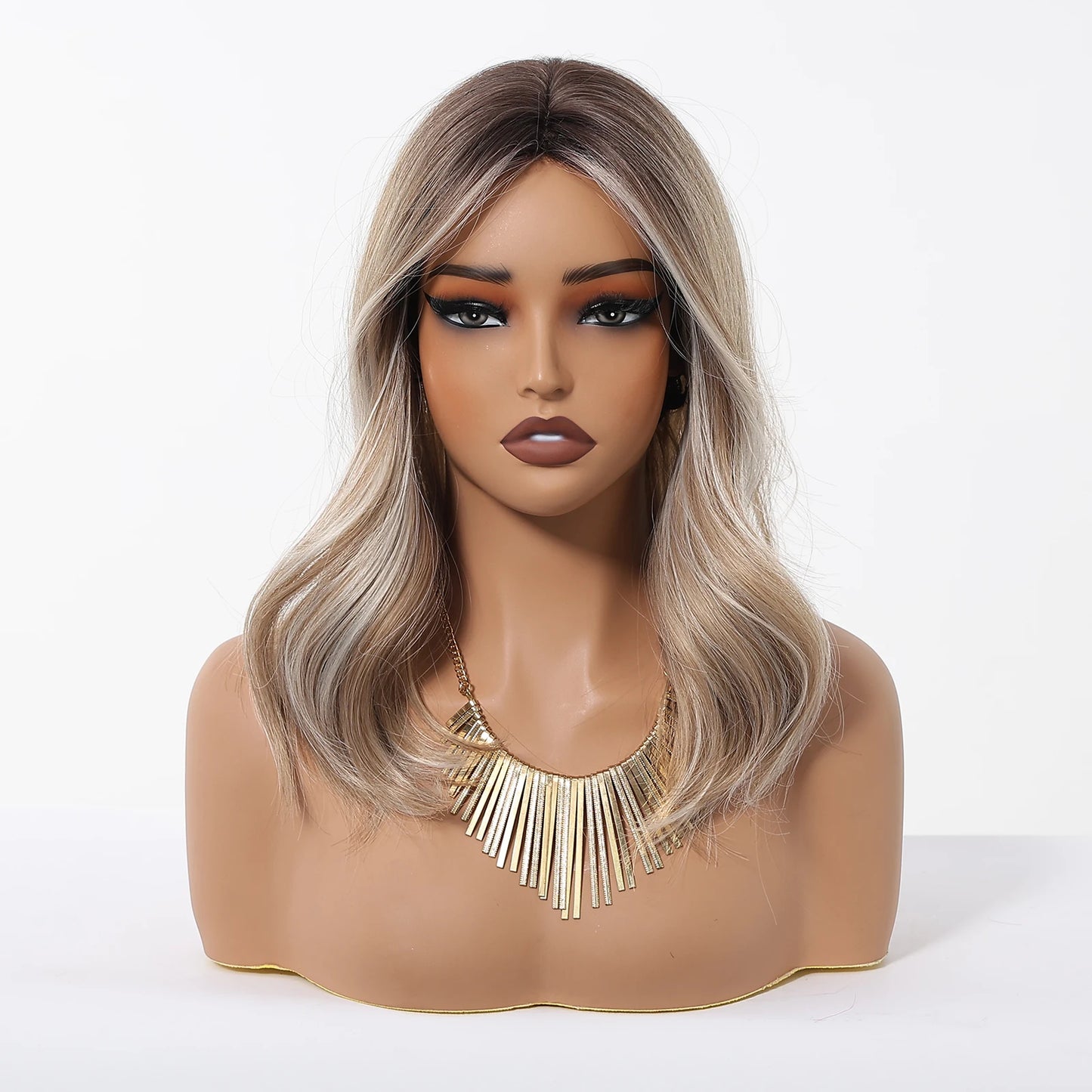Ombre Blonde Brown Long Body Wave Glueless Synthetic Wig - Middle Part with Highlights