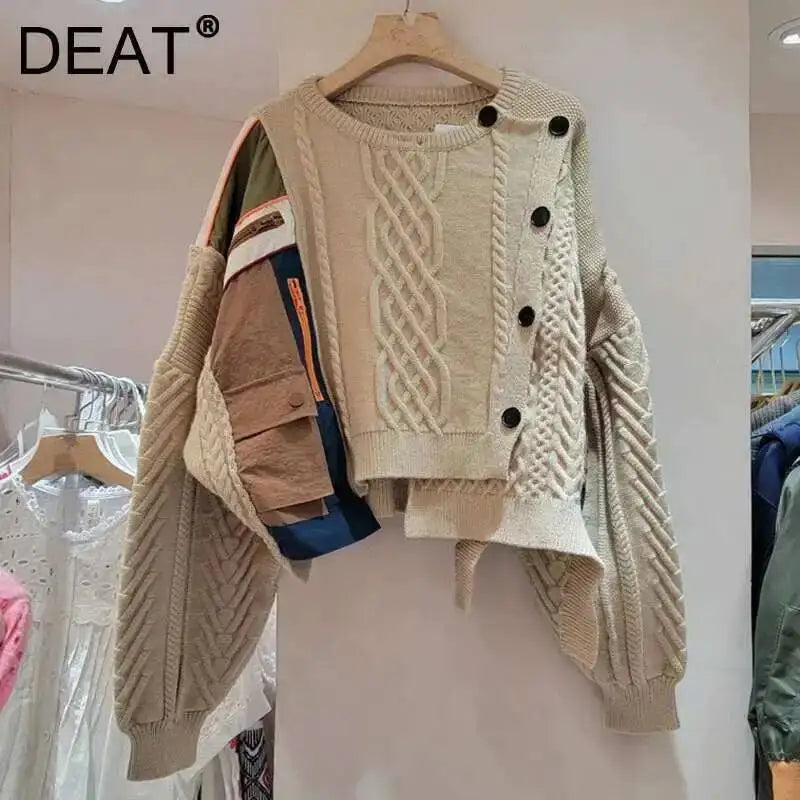 DEAT 2025 Autumn New Niche Design Irregular Splicing Knitted Sweater For Women Fashion Loose Single-breasted Pullover 33A2043