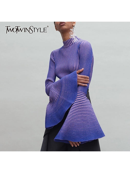 TWOTWINSTYLE Hit Color Spliced Striped Fashion Sweaters for Women Stand Neck Long Sleeves Patchwork Ruffles Sweater Female New
