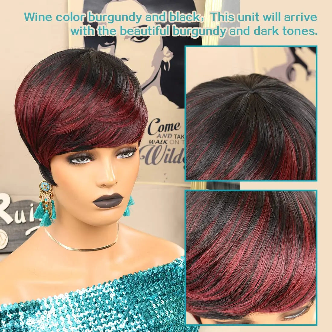 Short Pixie Cut Wigs for Black Women ShortWigs with Bangs Black with Brown Layered Wigs Glueless Short Bob Real Hair Wigs for Wo