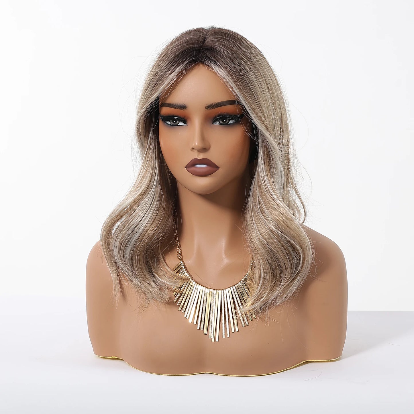 Ombre Blonde Brown Long Body Wave Glueless Synthetic Wig - Middle Part with Highlights