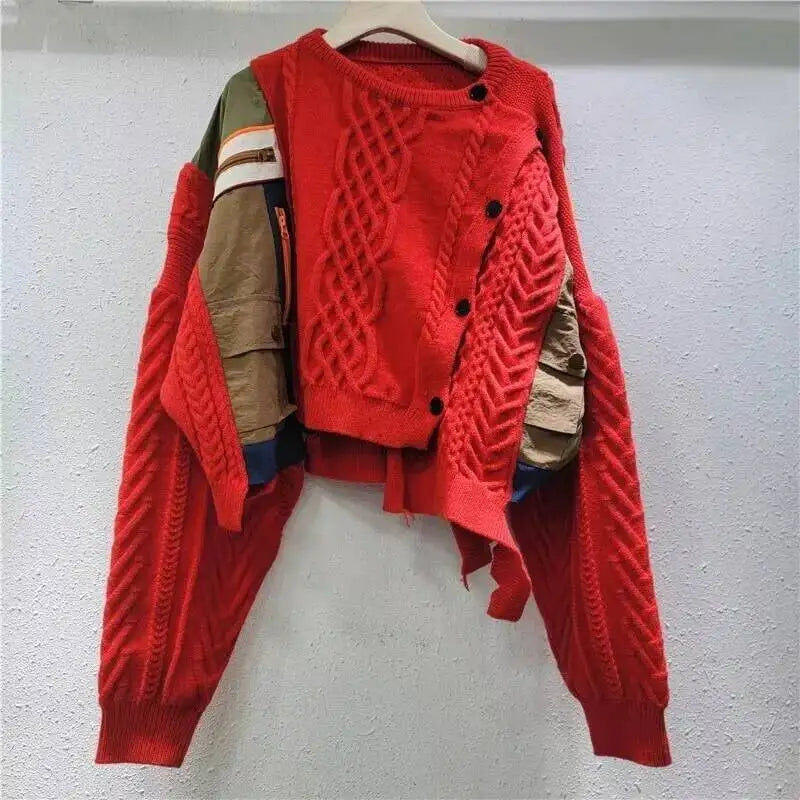 DEAT 2025 Autumn New Niche Design Irregular Splicing Knitted Sweater For Women Fashion Loose Single-breasted Pullover 33A2043