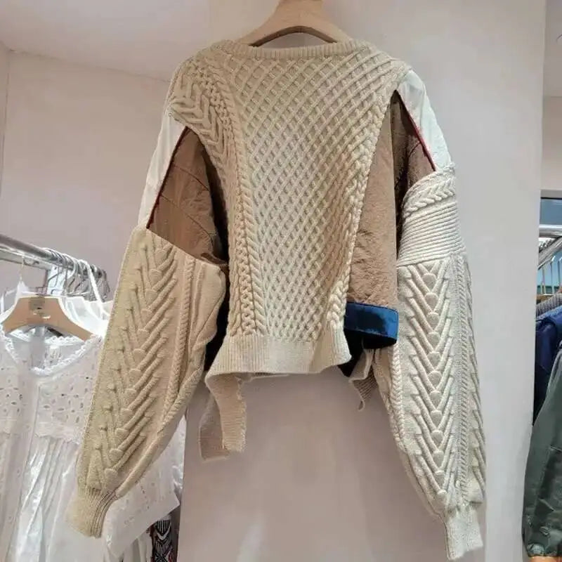 DEAT 2025 Autumn New Niche Design Irregular Splicing Knitted Sweater For Women Fashion Loose Single-breasted Pullover 33A2043