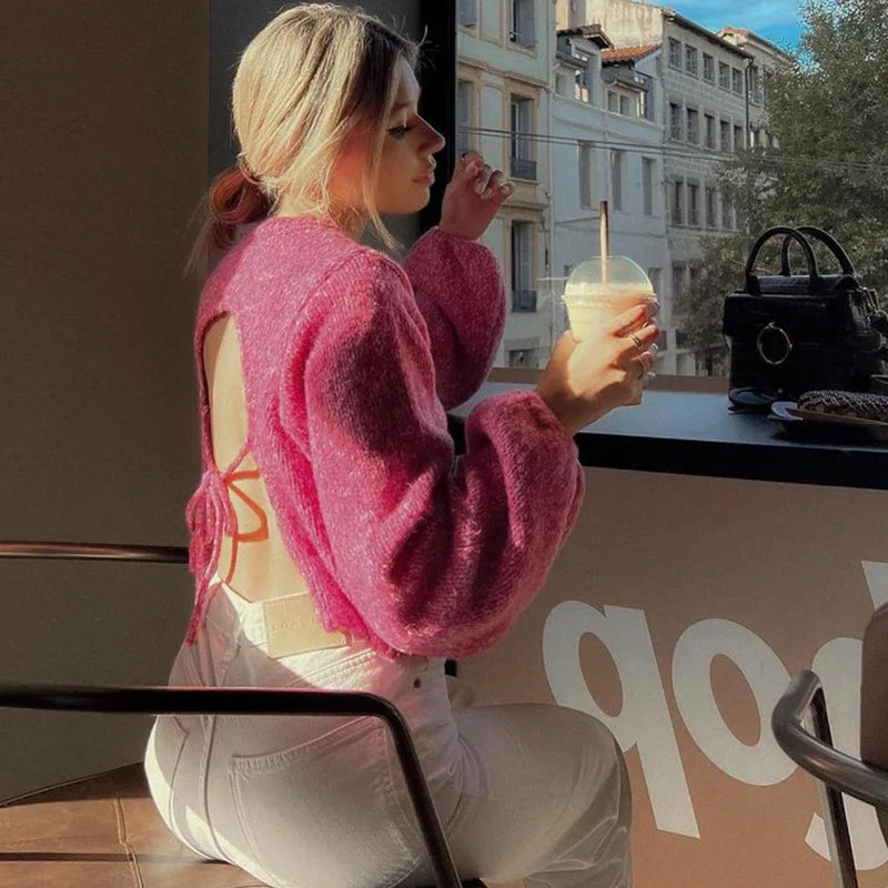 Tossy Lace-Up Backless Sweater Pullover For Women Sexy Long Sleeve Fashion Turtleneck Loose Bandage High Street Camisola Top