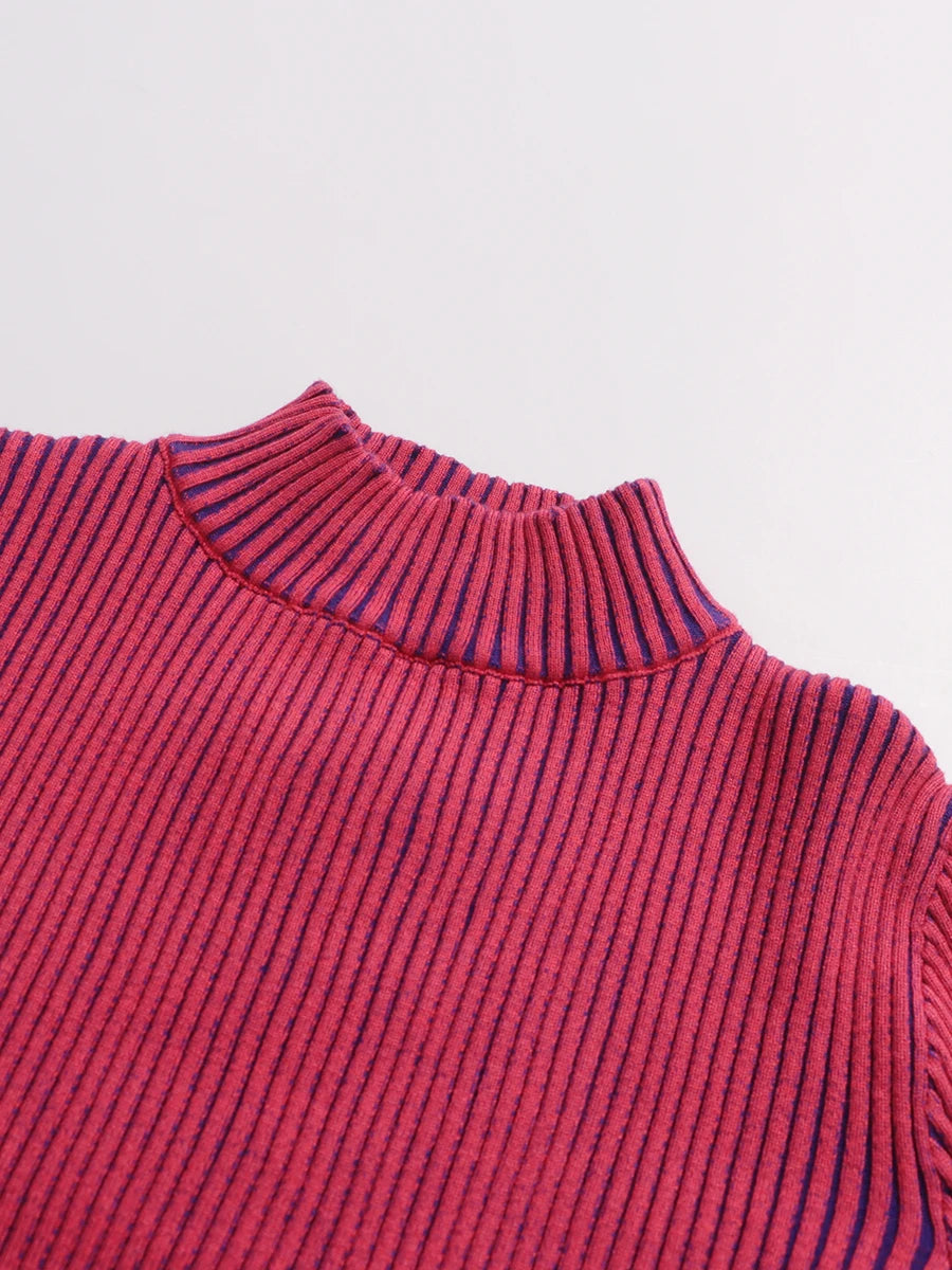 TWOTWINSTYLE Hit Color Spliced Striped Fashion Sweaters for Women Stand Neck Long Sleeves Patchwork Ruffles Sweater Female New