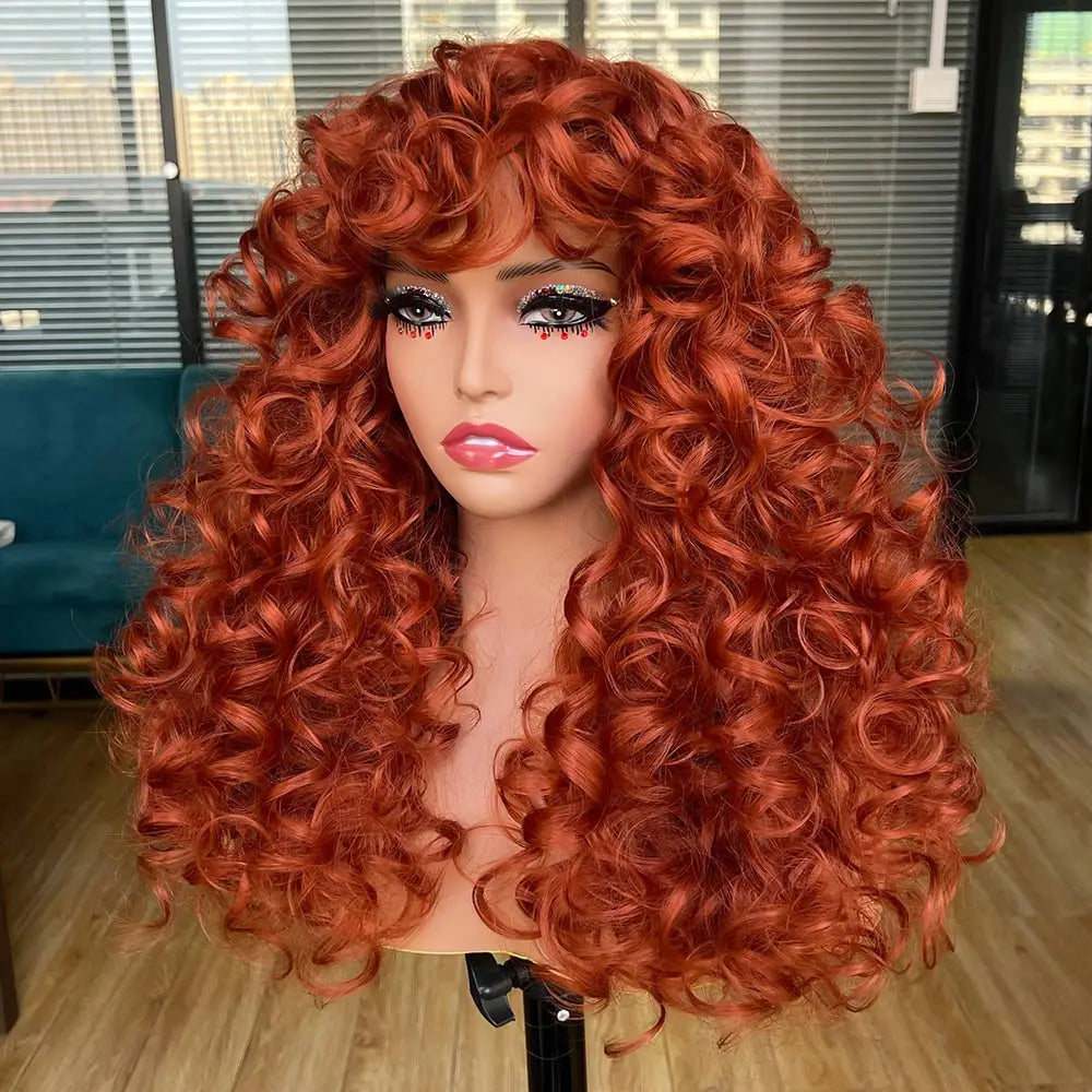 Red Ginger Wig for Women Long Curly Wave Wigs with Bangs Copper Synthetic Wig Natural Cosplay Party Heat Resistant Hair Hihoo