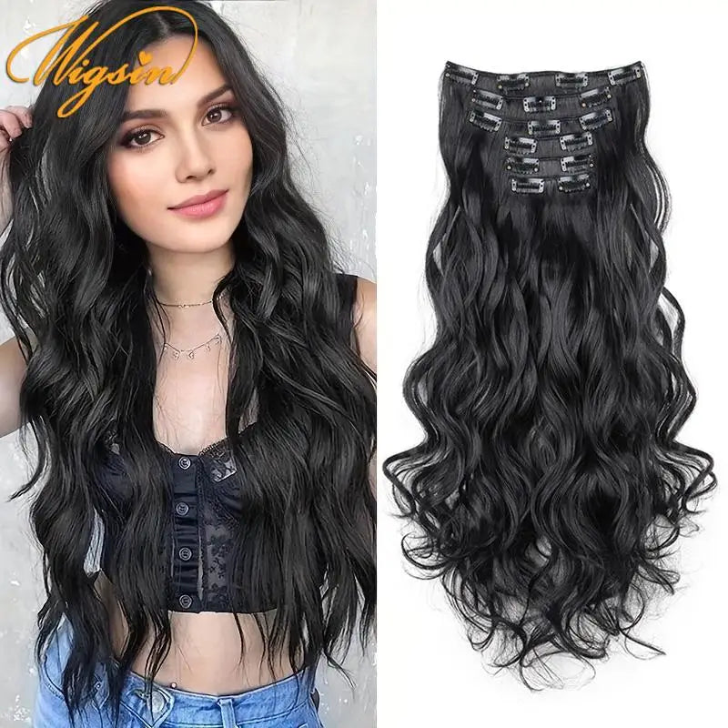 24 Inch Long Curly Clip-In Hair Extensions - Synthetic Heat Resistant, Black/Brown Ombre