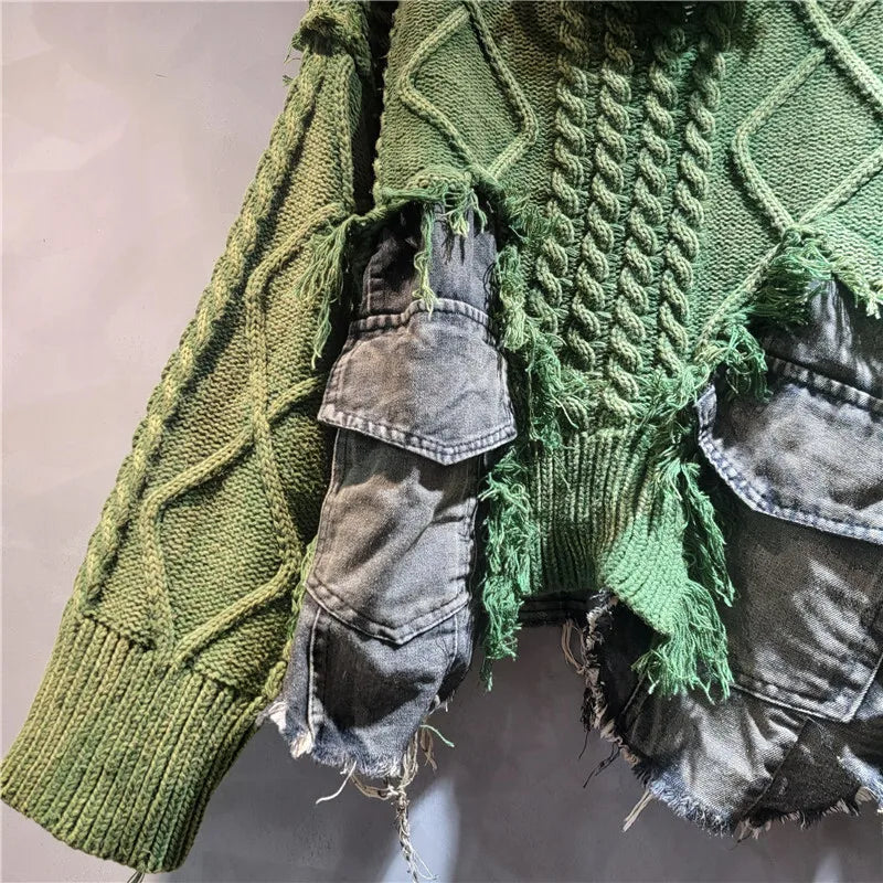 DEAT Women Pullover Long Sleeve Irregular Do Old Patchwork Pockets Vintage Washed Denim Sweater 2026 Summer New Fashion 29L8195