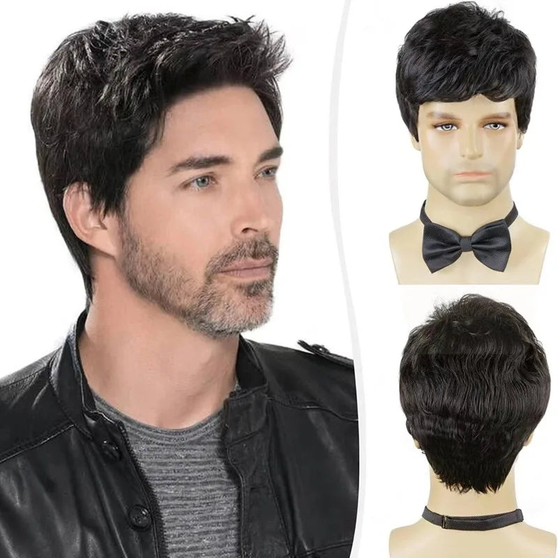 Synthetic Short Straight Wig Black Wigs for Men Natural Hair With Bangs Daily Cosplay Wig ﻿