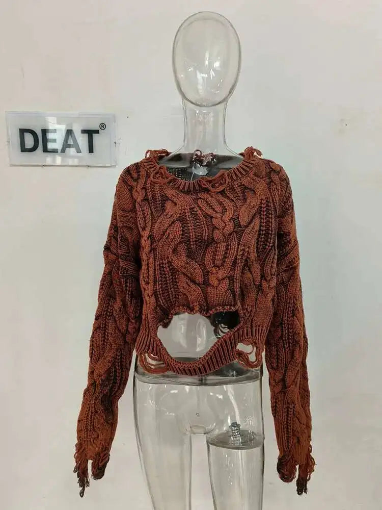DEAT 2025 Spring Women's Knit Sweater Hollow Out Wash Hole Loose High Street Round Neck Long Sleeve Pattern Pullover 11XX6062