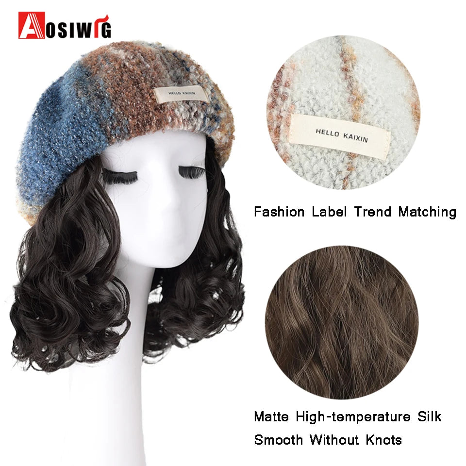 Hat Wig Synthetic Short Curly Wavy Hair Wigs With Hat Fisherman's Cap Wig Hair Extension Black Brown Wig Cap